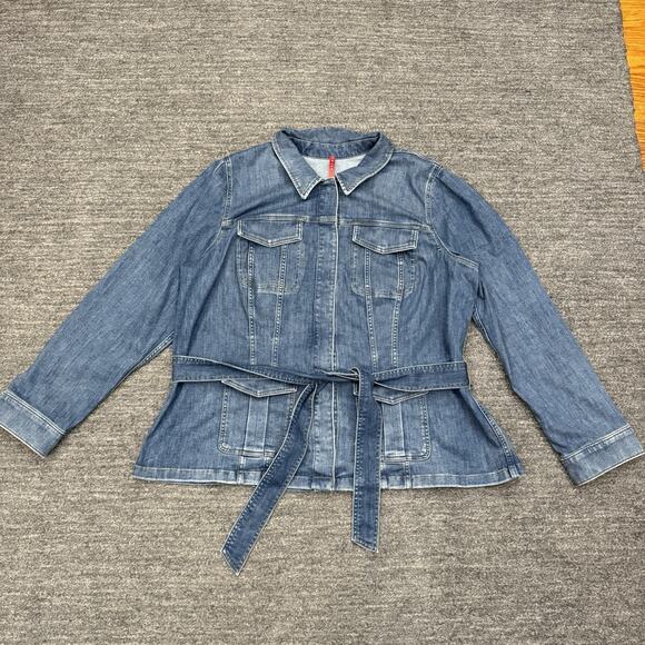 Spanx Denim Shirt Jacket Women 3X Plus Jean Tie Waist Chore Workwear Stretch - Picture 2 of 12